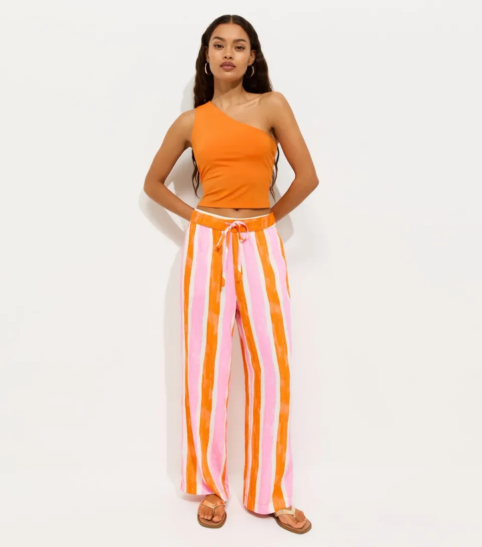 Women's Petite Pink Stripe Print Wide Leg Trousers