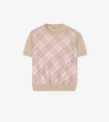 Check Panel Wool Silk T-shirt in Quartz pink