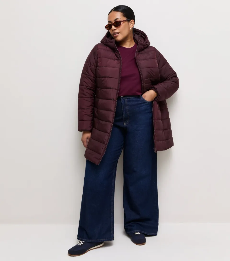 Women's Plus Size Dark Burgundy Hooded Mid Length Padded Jacket Curves