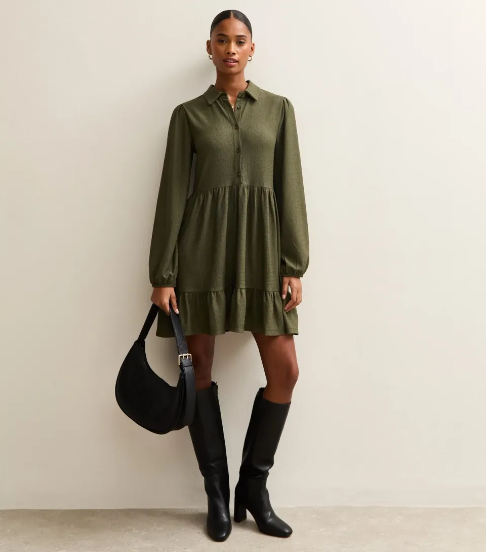 Women's Dark Khaki Crinkled Mini Shirt Dress