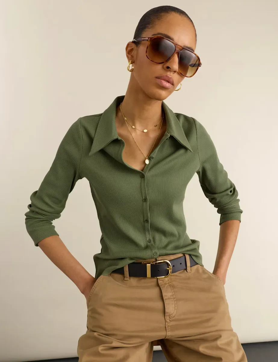 Jersey Rib Collared Button Down Fitted Top Green