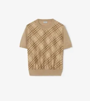 Check Panel Wool Silk T-shirt in Camel