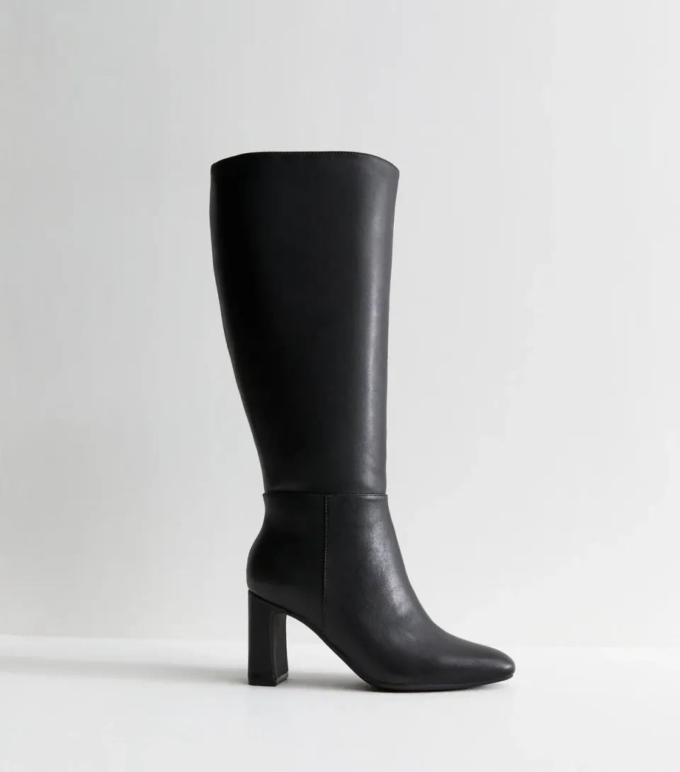Women's Extra Calf Fit Black Faux Leather Heeled Boots Vegan