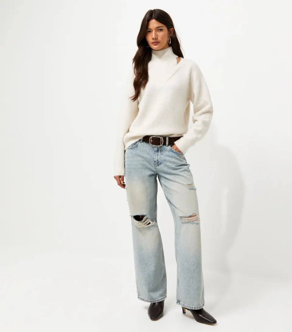 Women's Blue Ripped Low Rise Baggy Wide Leg Jeans