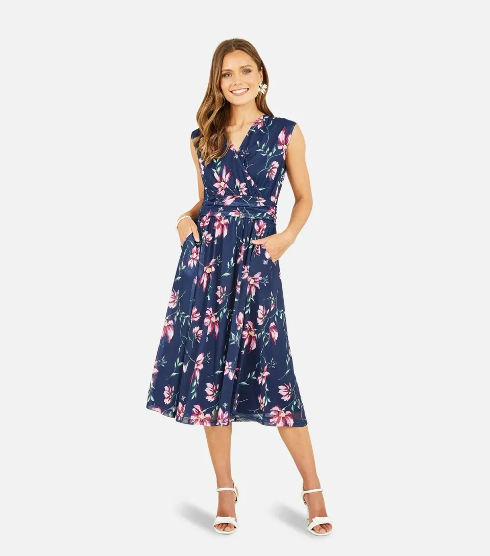 Women's Blue Floral Sleeveless Wrap Midi Dress