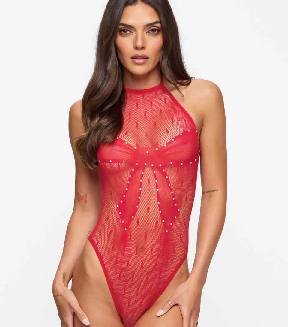 Women's Bright Red Sweet Surprise Crotchless Bodysuit