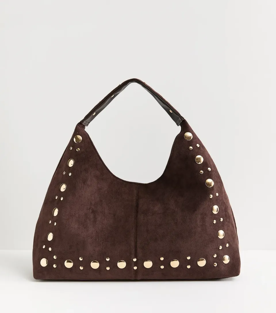 Dark Brown Faux Suede Studded Hobo Bag