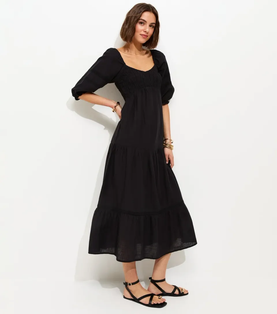 Women's Black Shirred Milkmaid Midi Dress