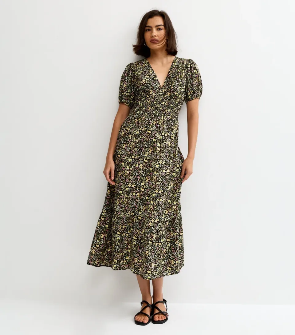 Women's Black Crepe Floral Print V-Neck Short Sleeve Midi Dress