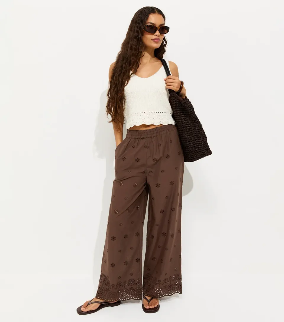 Women's Petite Dark Brown Broderie Embroidered Wide Leg Trousers