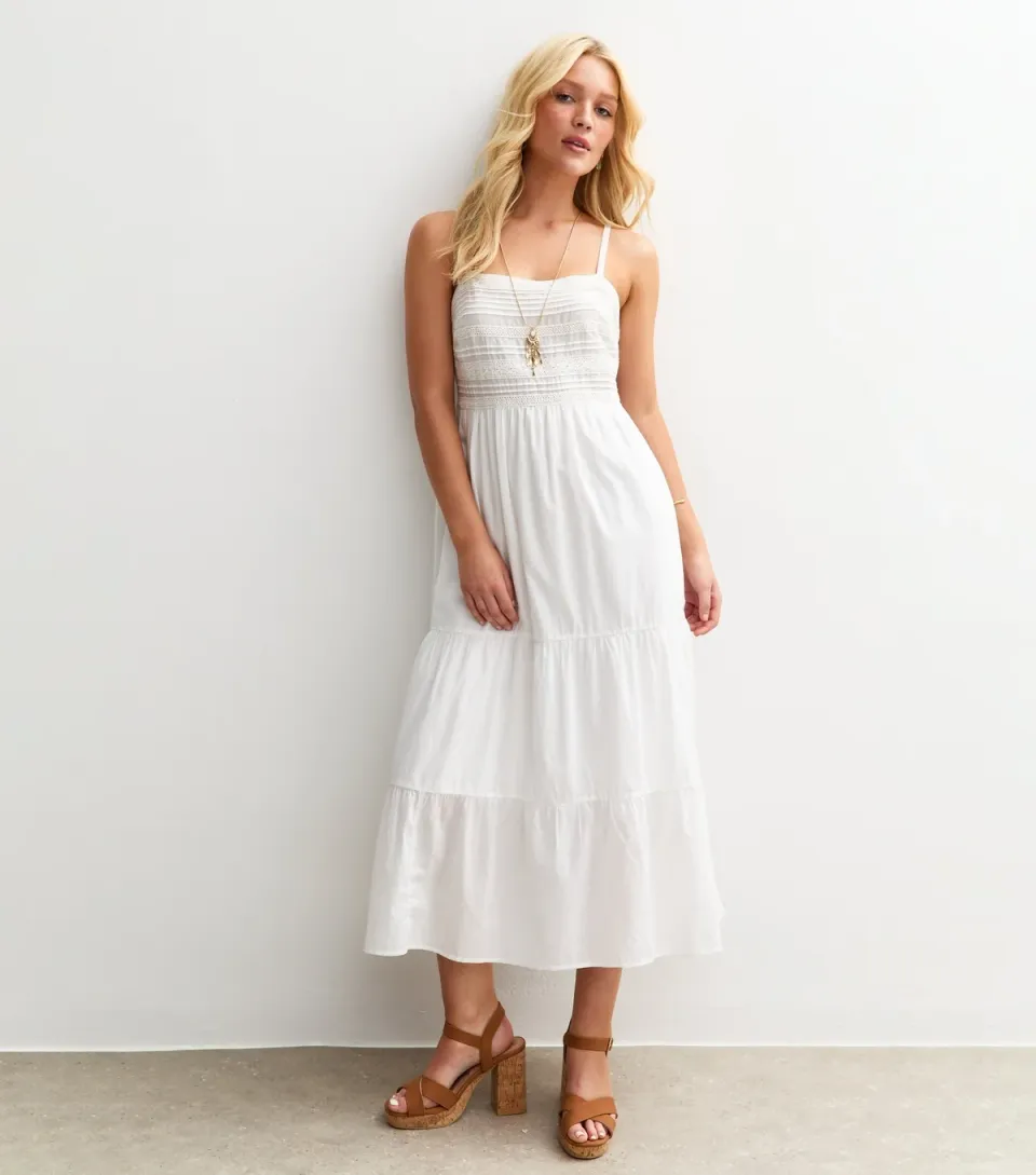 Women's White Pintuck Lace Trim Strappy Midi Dress
