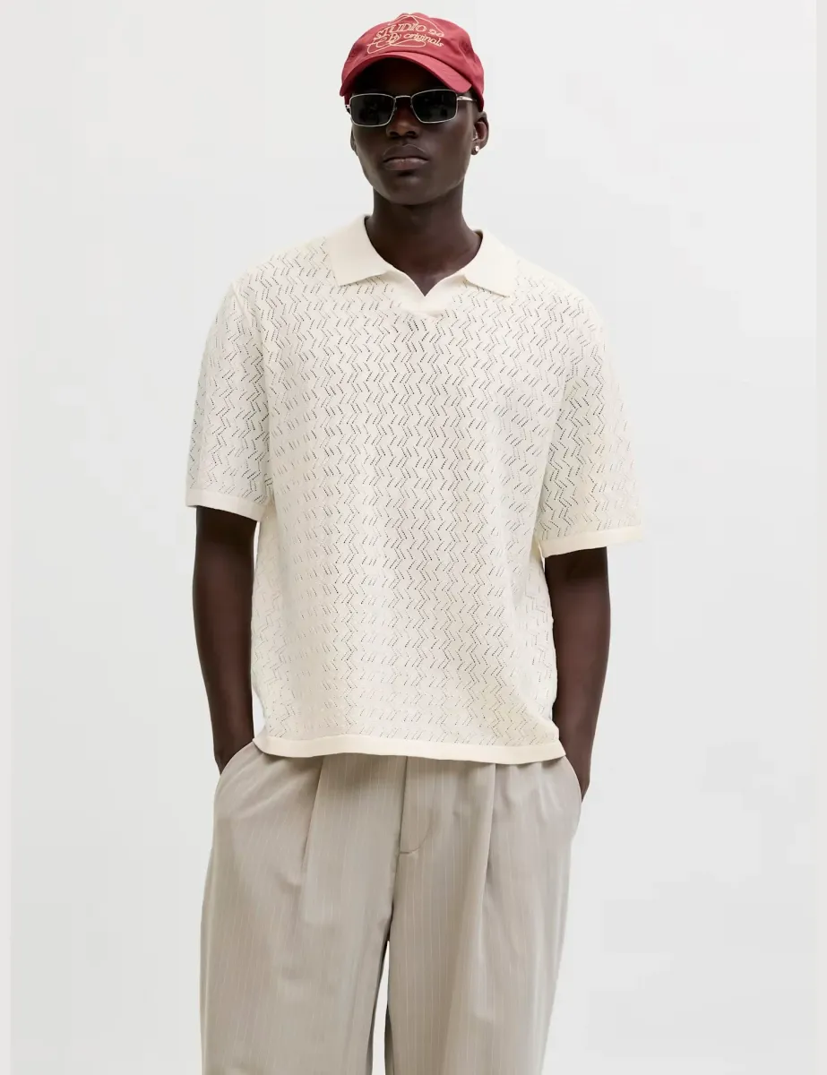 Cotton Blend Textured Polo Shirt Cream