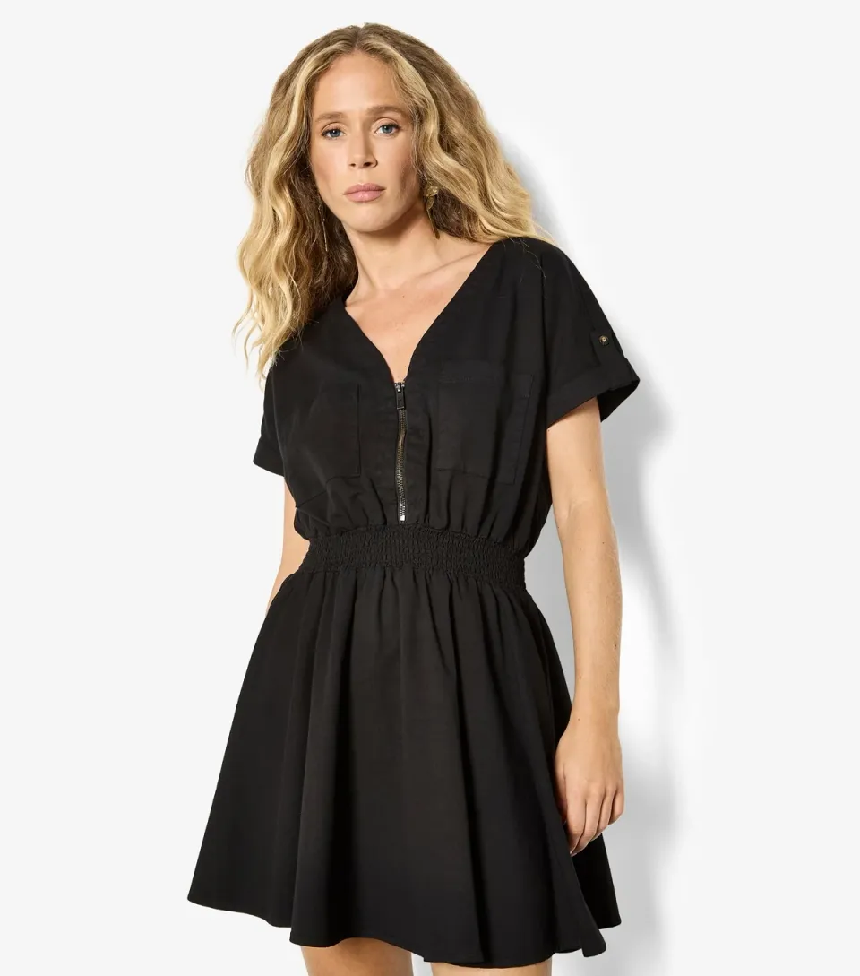 Women's Black Zip Detail Flared Mini Dress