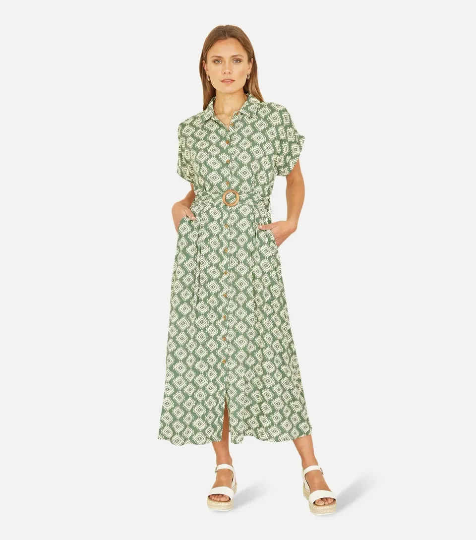 Women's Green Patterned Midi Shirt Dress
