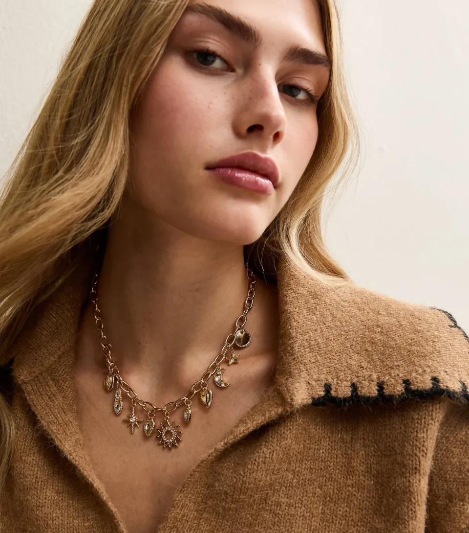 Gold Tone Diamante Embellished Mystical Charm Necklace