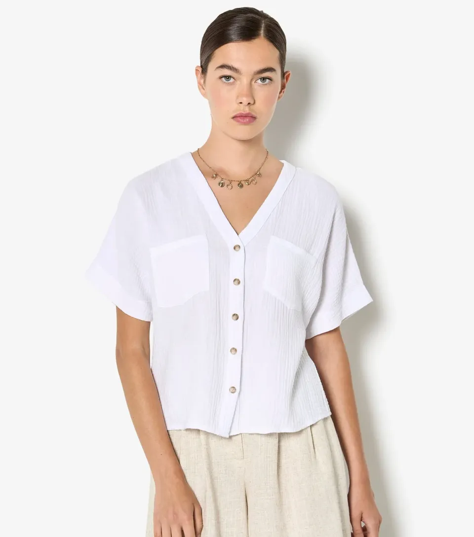 Women's White Textured Weave Collarless Shirt