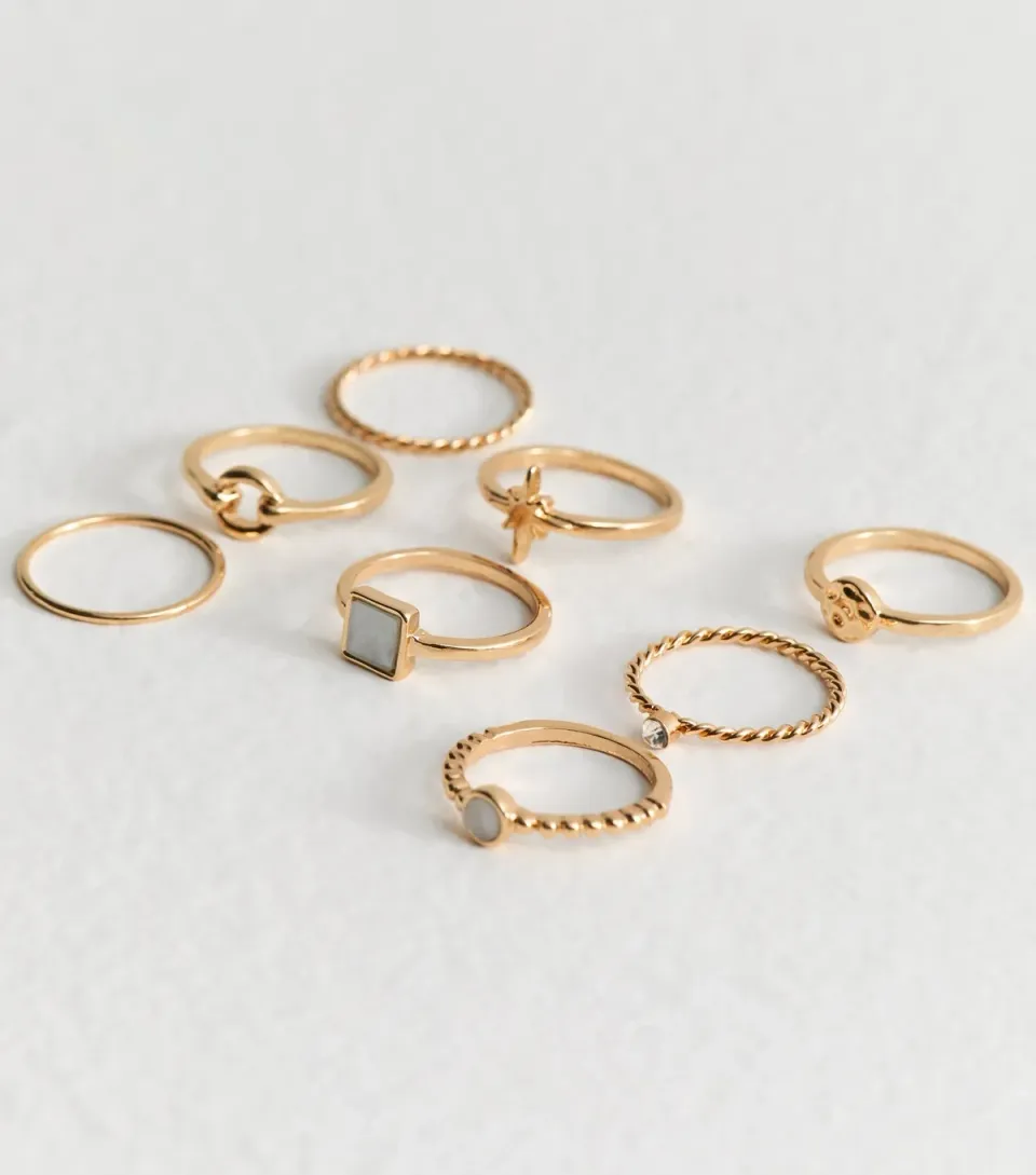 Gold Tone Pack of 8 Faux Stone Thin Rings