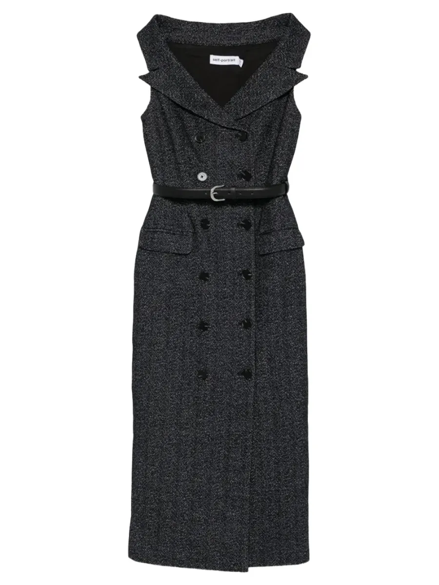 Navy Herringbone Wool Midi Dress