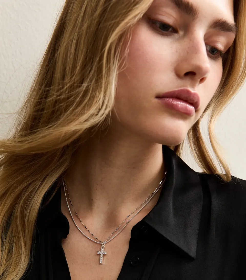 Silver Tone 2-Layer Diamante Cross Pendant Necklace