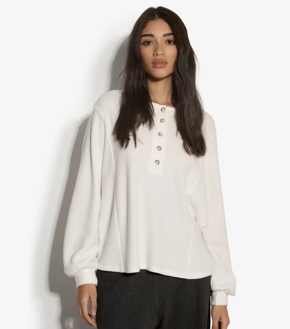Women's White Jersey Henley Button Front Top