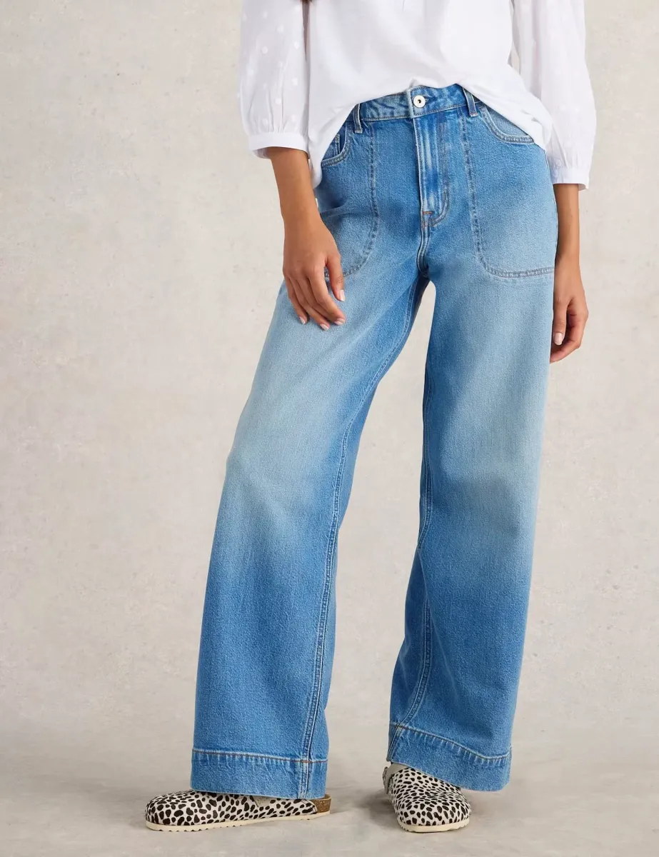 Mid Rise Wide Leg Jeans Blue Denim