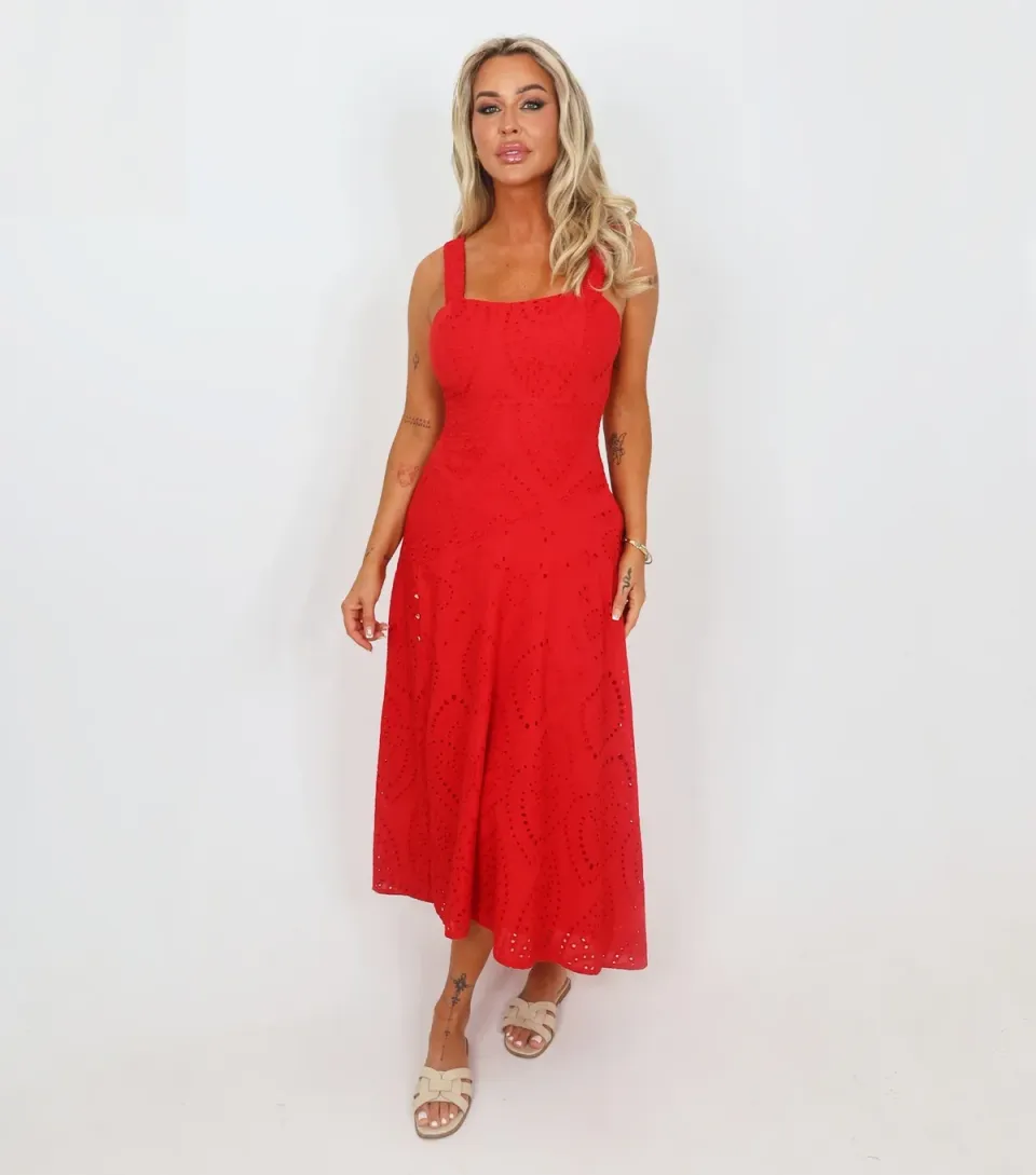 Women's Bright Red Broderie Shirred Straps Midi Dress