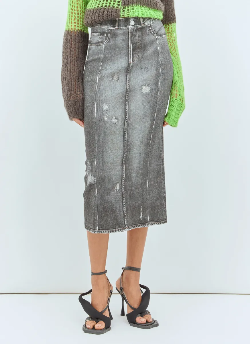 Denim-Print Midi Skirt