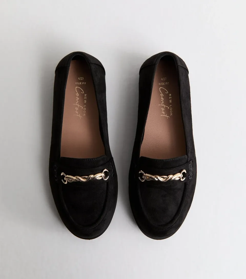 Women's Wide Fit Black Faux Suede Chain Loafers Vegan