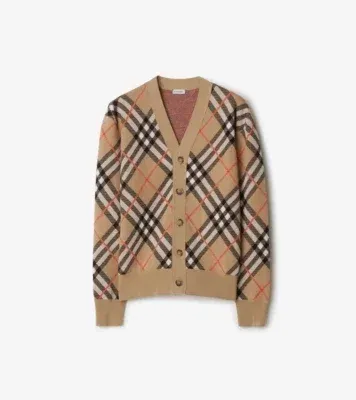 Check Wool Mohair Blend Cardigan in Sand beige