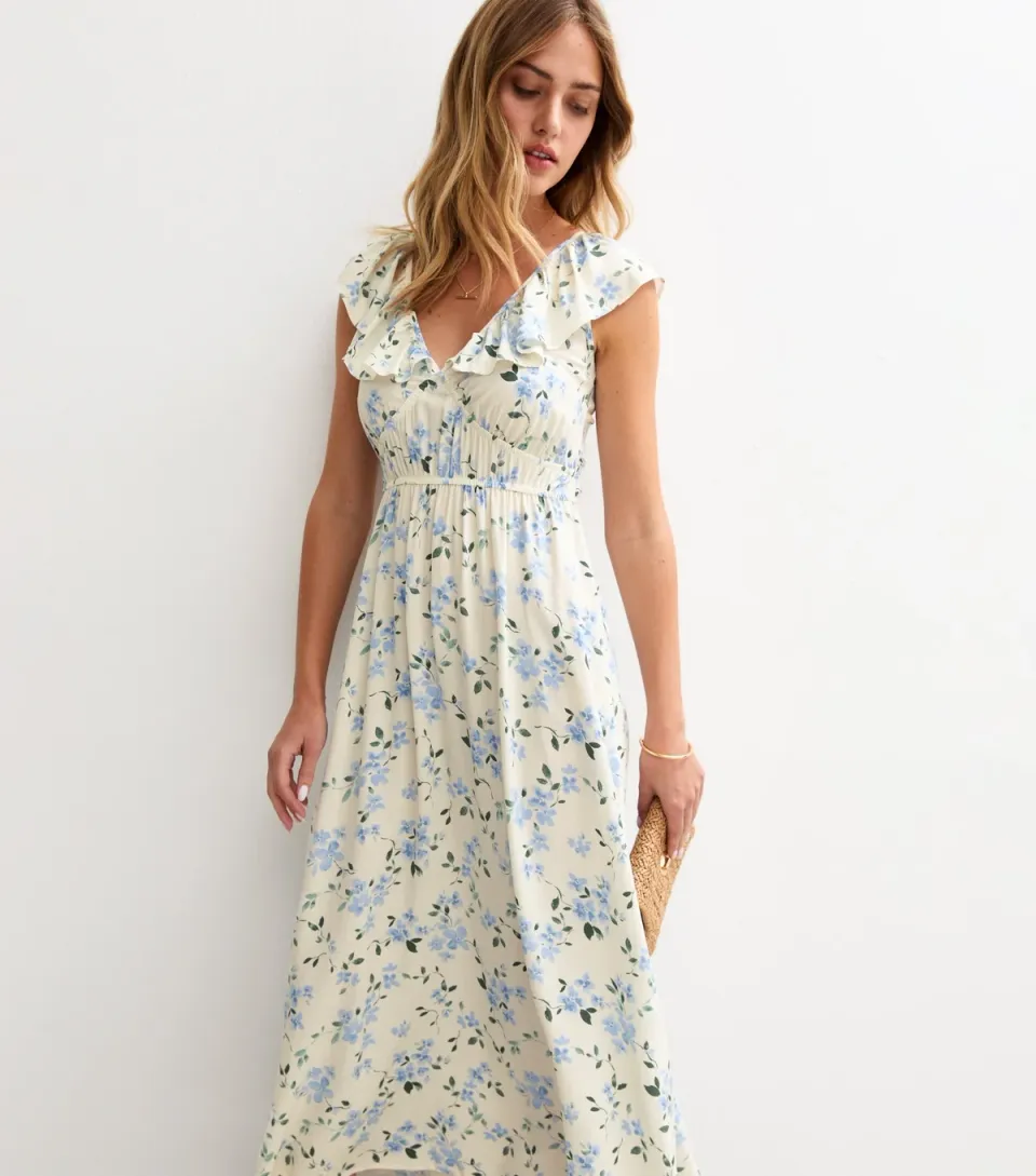 Women's Cream Floral Print Frill Trim Midi Dress