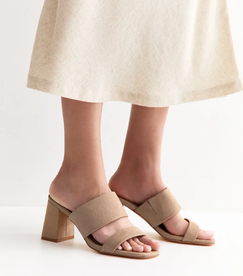 Women's Wide Fit Faux Suede Light Brown Block Heel Mules Vegan