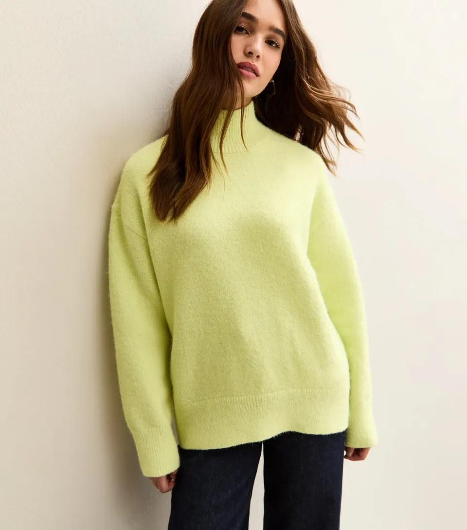 Women's Bright Green Longline High Neck Jumper
