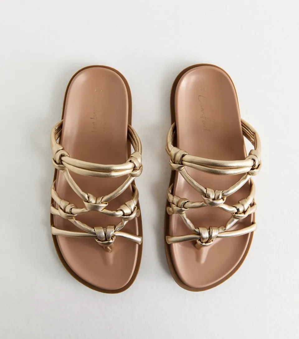 Women's Gold Faux Leather Interwoven Slim Sole Sandals Vegan