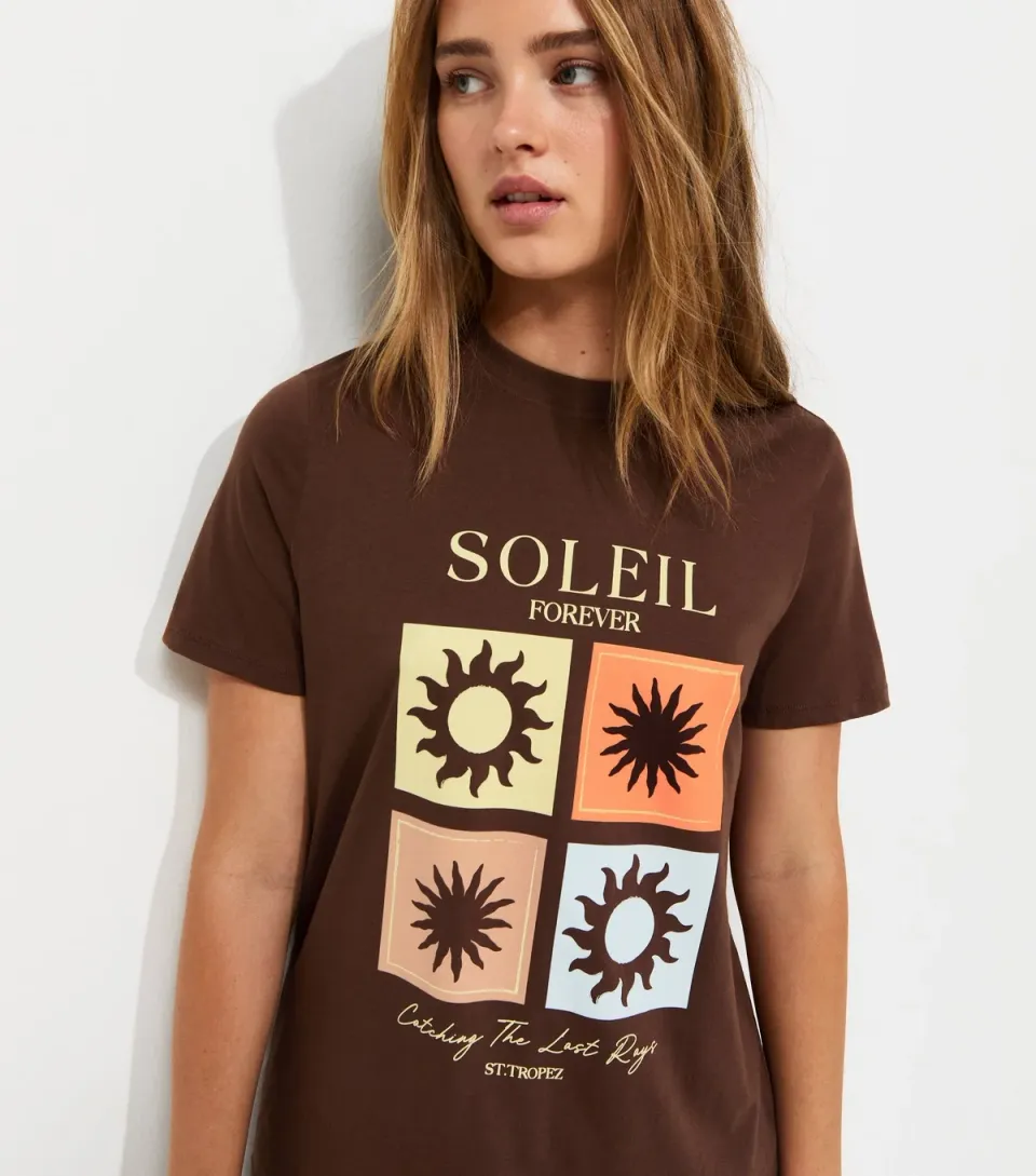 Women's Dark Brown Cotton Soleil Sun Print Crew Neck T-Shirt