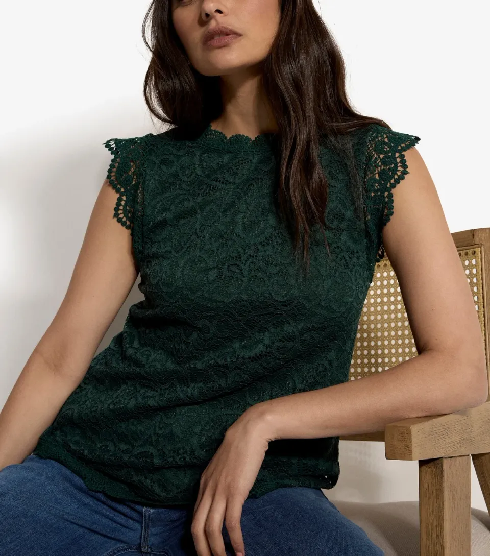 Women's Dark Green Lace High Neck Top