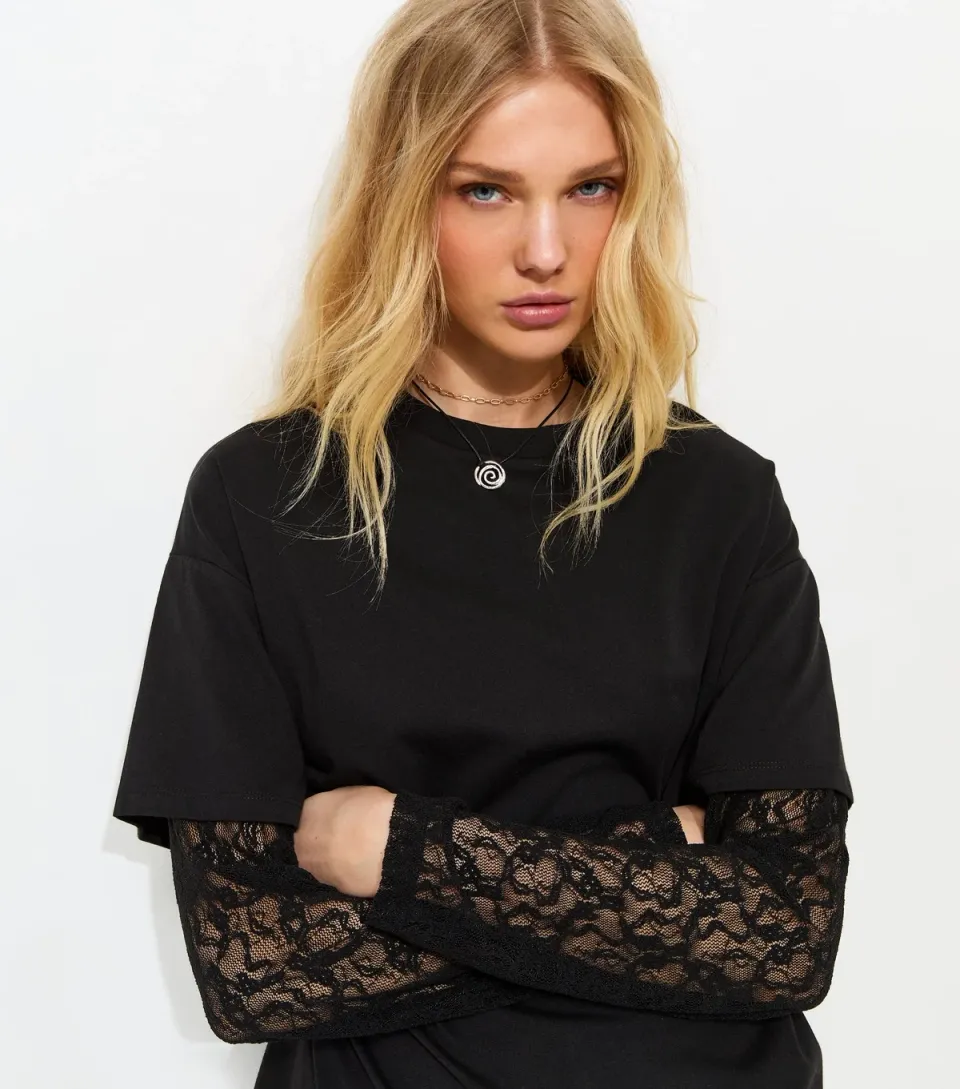 Women's Black 2-In-1 Lace Long Sleeve Top