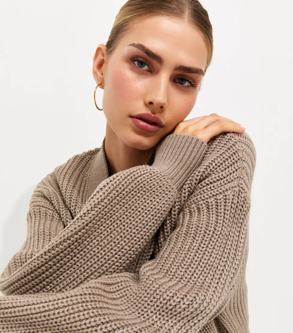 Women's Dark Brown Ribbed Knit Balloon Sleeve Cardigan