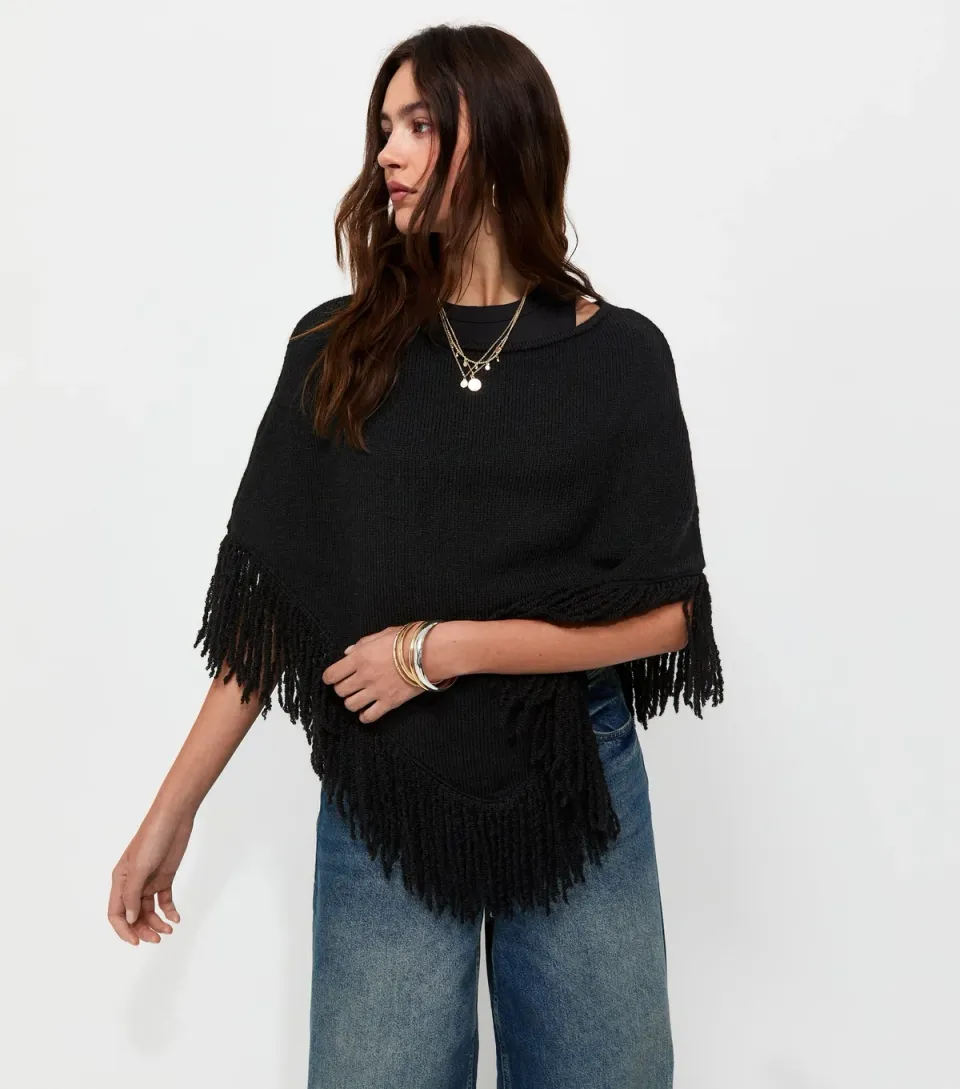Women's Black Knitted Fringe Poncho