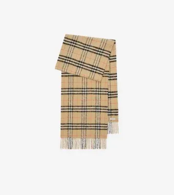 Check Wool Cashmere Scarf in Sand beige