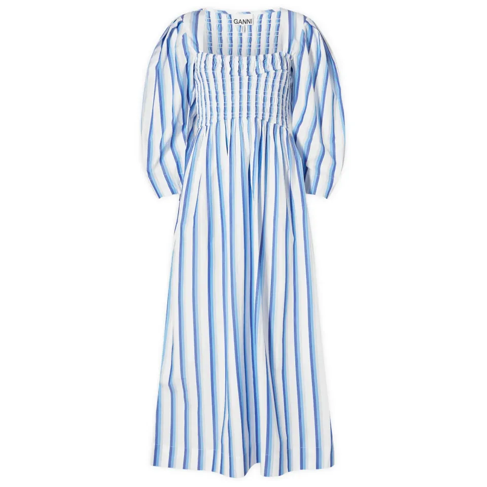 Stripe Cotton Open-neck Smock Long Dress
