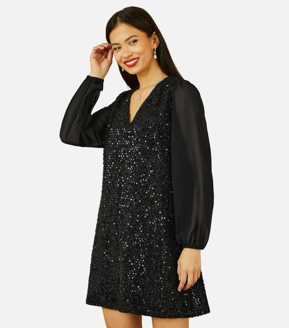 Women's Black Sequin V Neck Tunic Dress