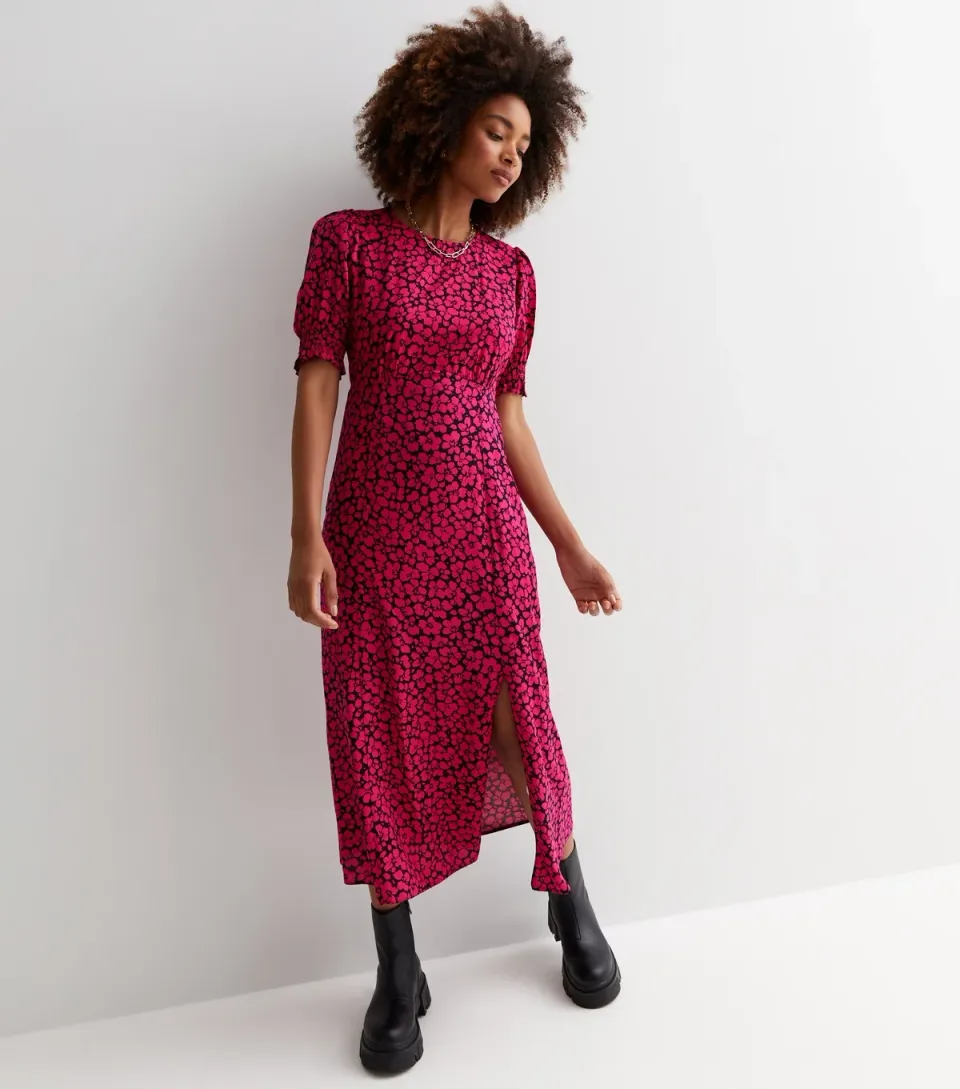 Women's Pink Floral Short Puff Sleeve Split Hem Midi Dress