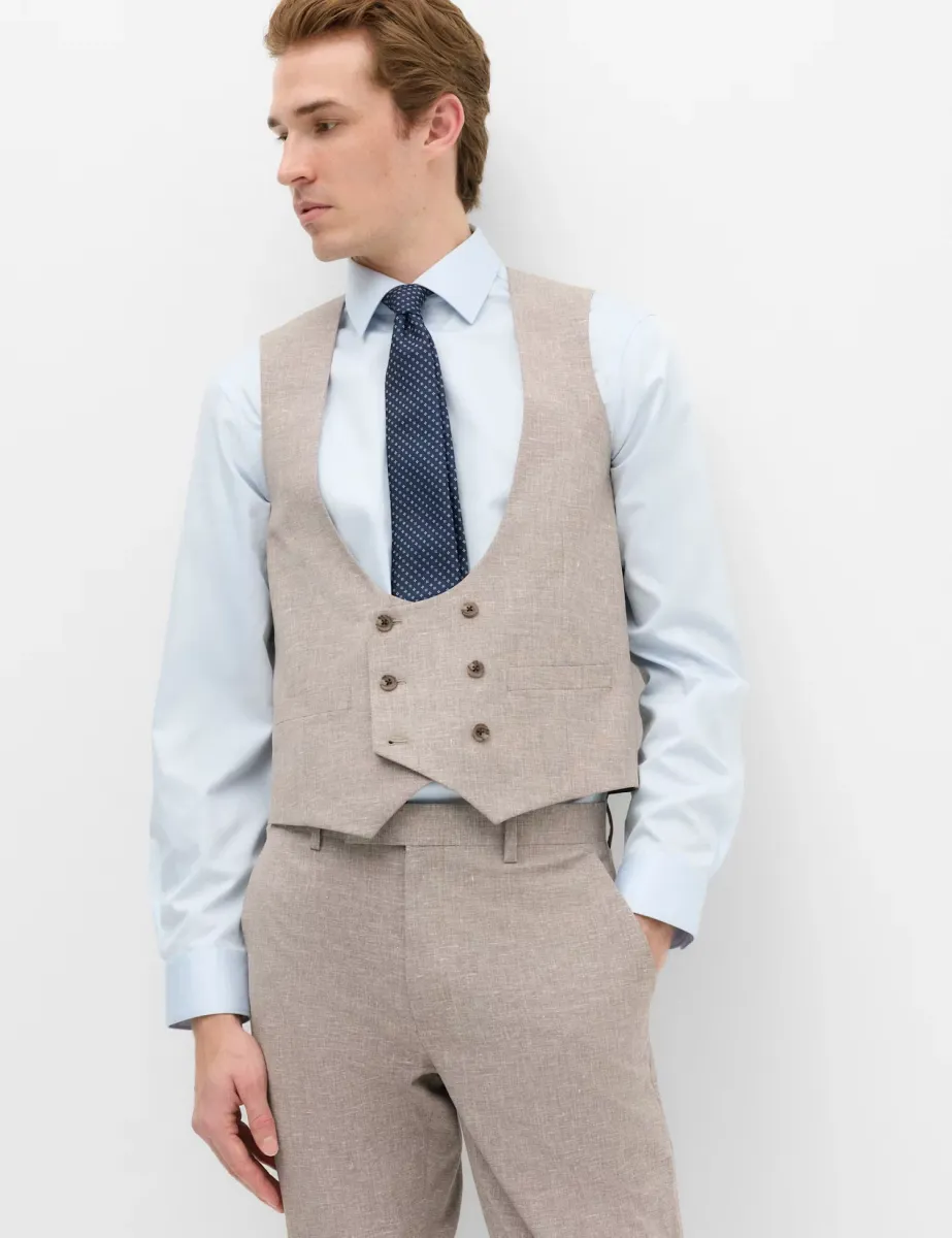 Slim Fit Linen Blend Stretch Waistcoat Brown Mix