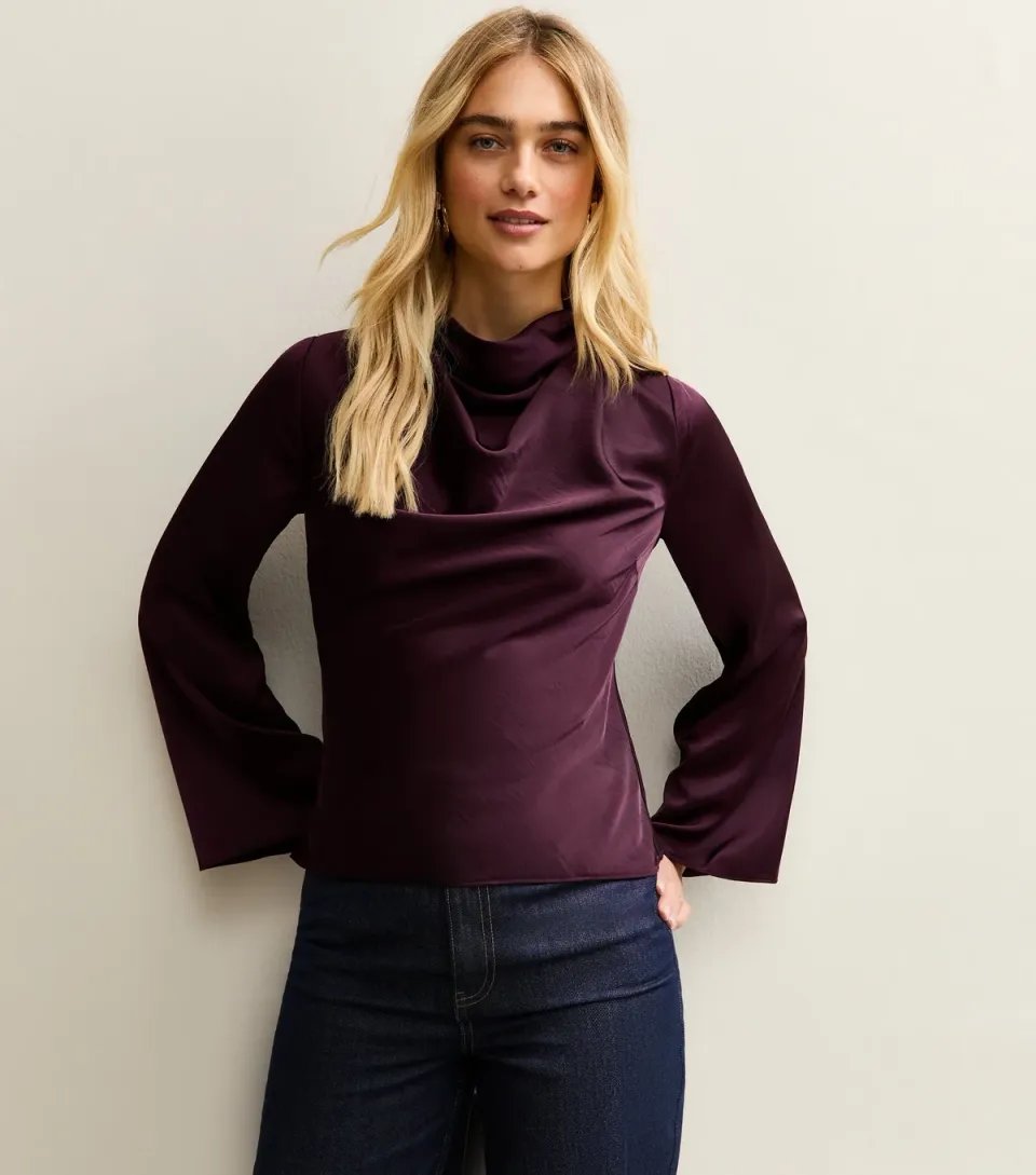 Women's Burgundy Satin Cowl Neck Long Sleeve Top