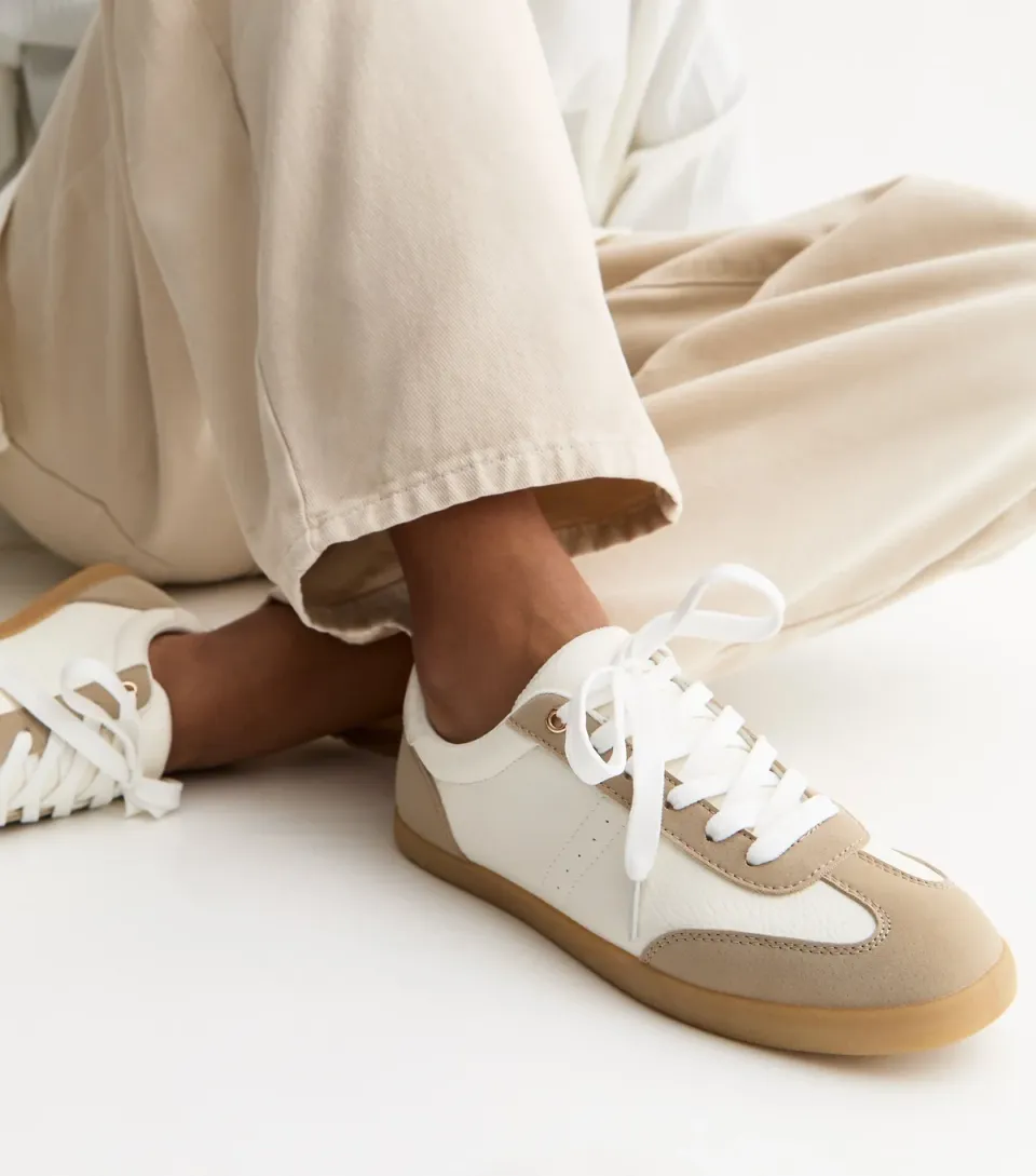 Women's White Faux Leather Lace Up Trainers