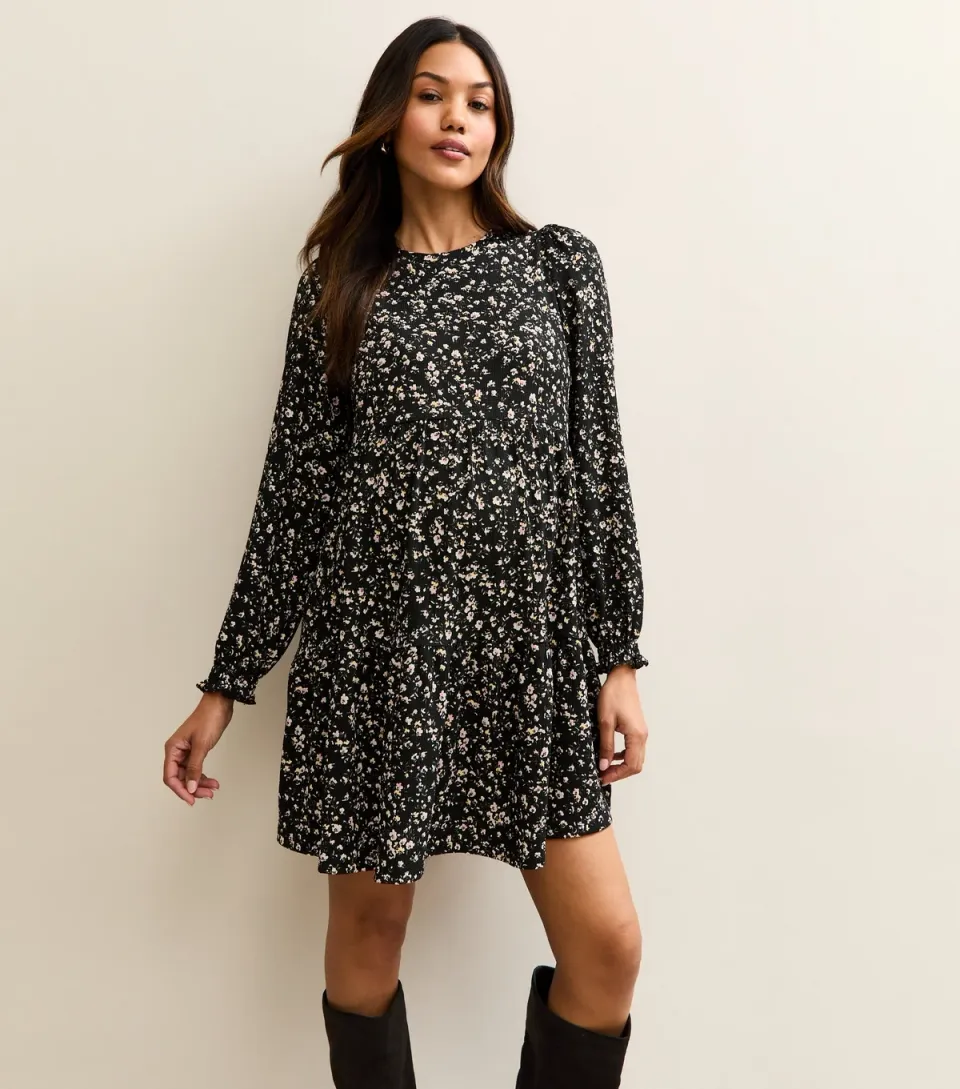 Women's Maternity Black Ditsy Smock Tiered Mini Dress