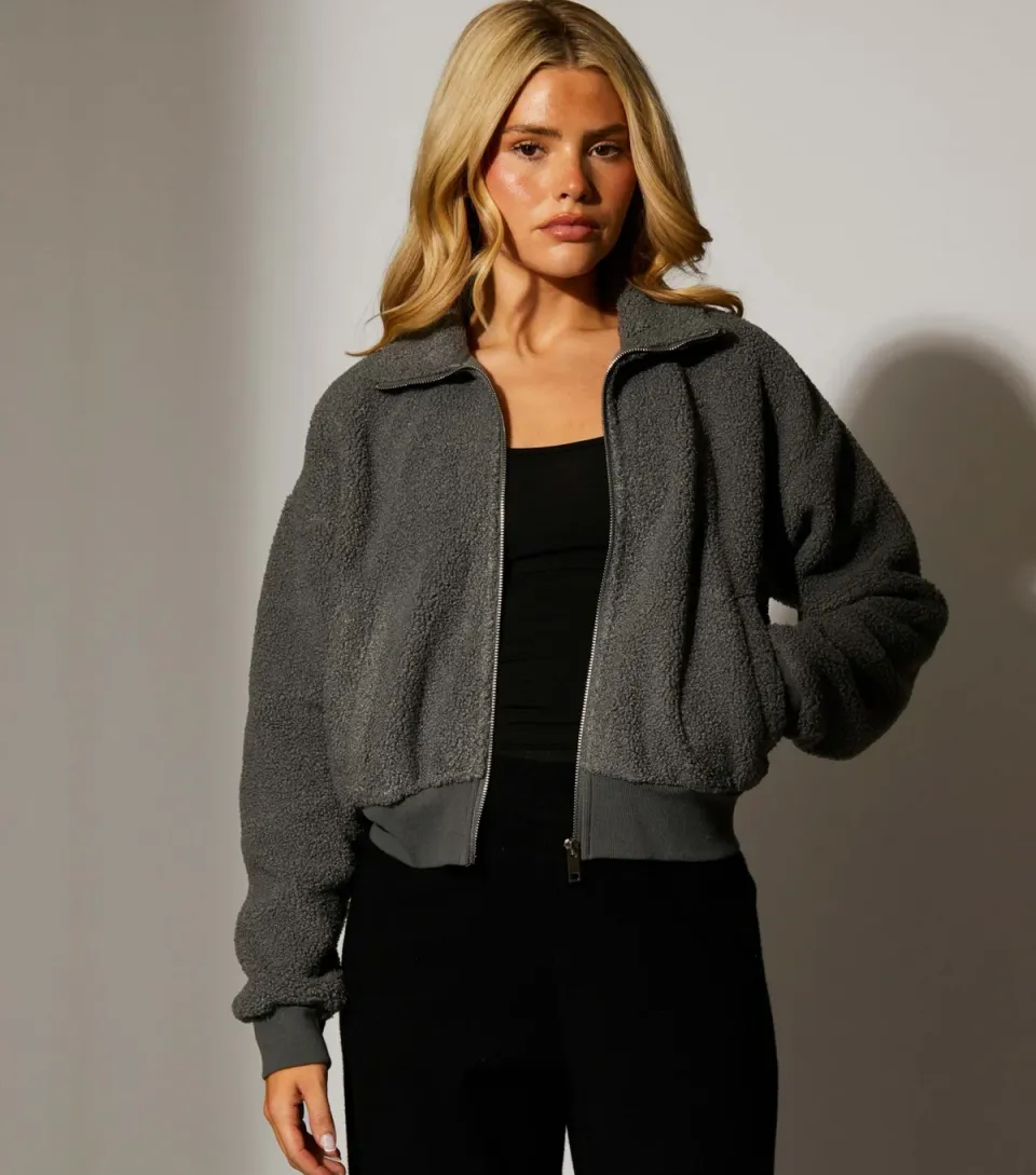 Women's Grey Fleece Back Faux Shearling Zip Front Crop Jacket