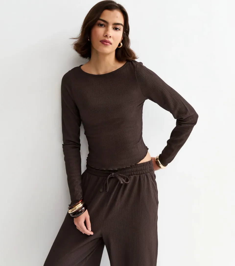 Women's Dark Brown Crinkled Long Sleeve Top