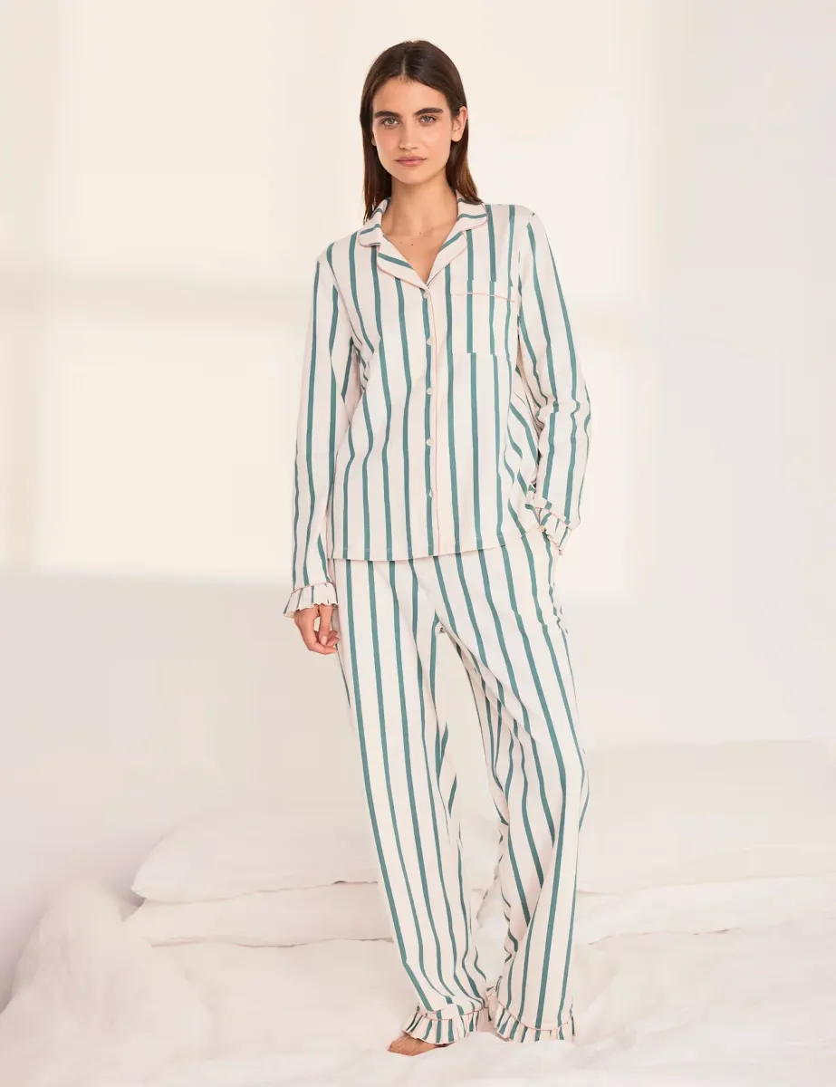 Cotton Rich Striped Ruffle Edge Pyjama Set Green