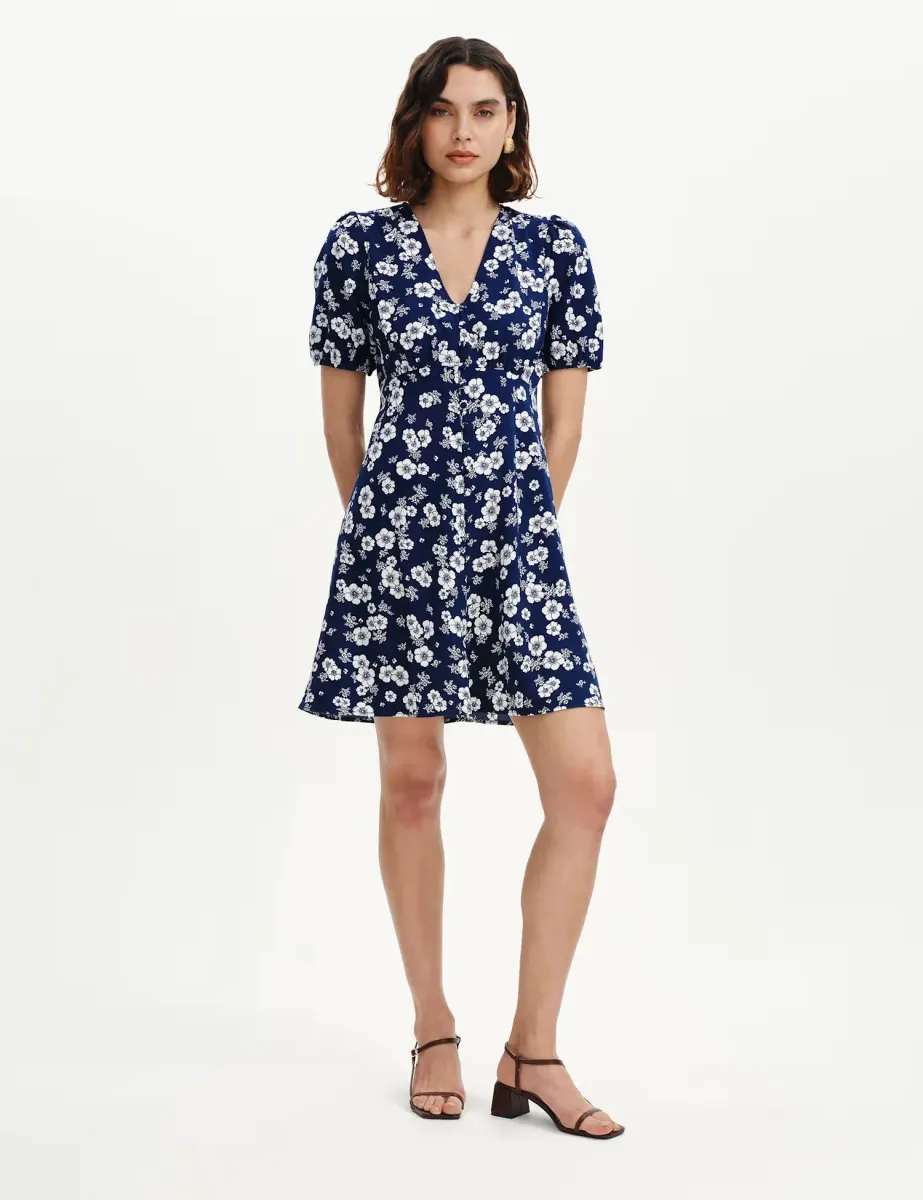 Floral V-Neck Mini Tea Dress Navy Mix